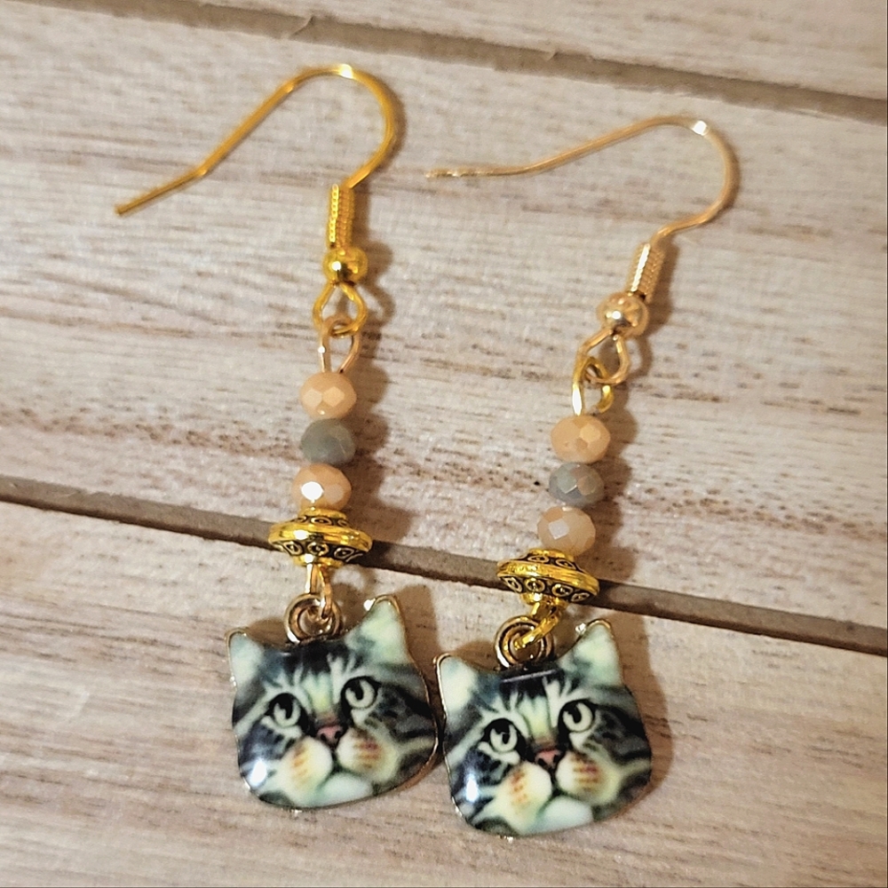 Handmade Cat Earrings | Cute Tabby Cat Face Dangle Earrings with Beads
